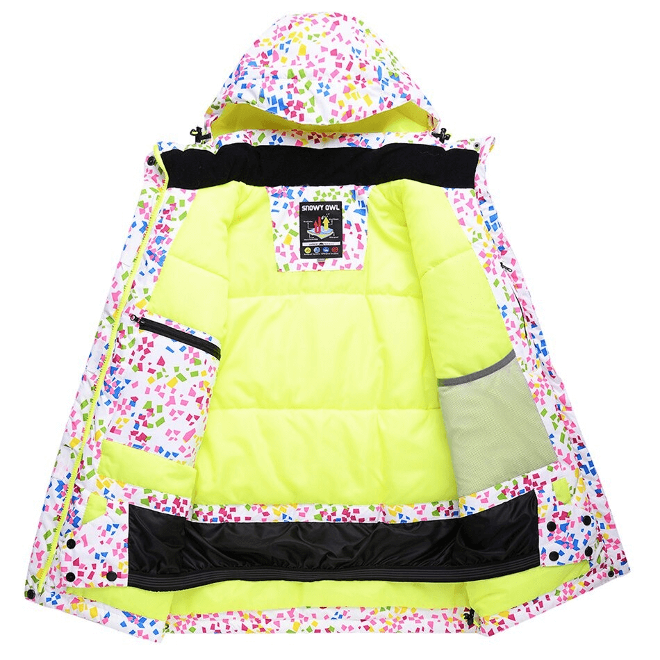 Bright multicolor windproof skiing jacket for women with hood, showcasing inner yellow lining and waterproof features. Perfect for sports.